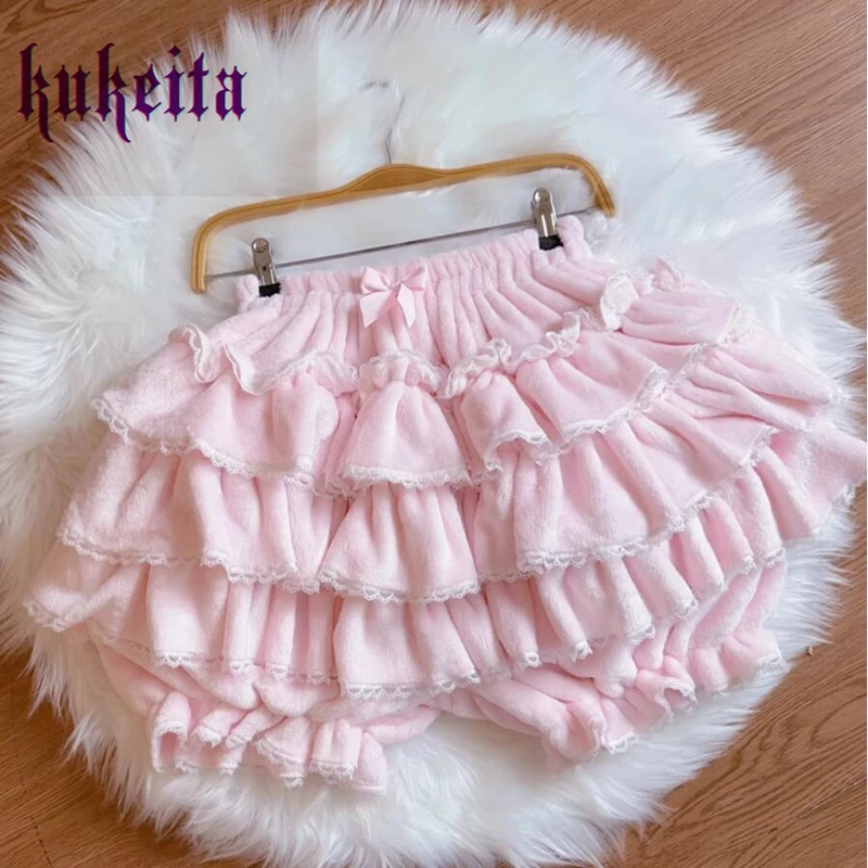 Kukeita Harajuku Kawaii Lolita Pleated Shorts Skirts Women Fairy Y2k Aesthetic Pink Cute Plush Bloomers Faldas Mujer Moda