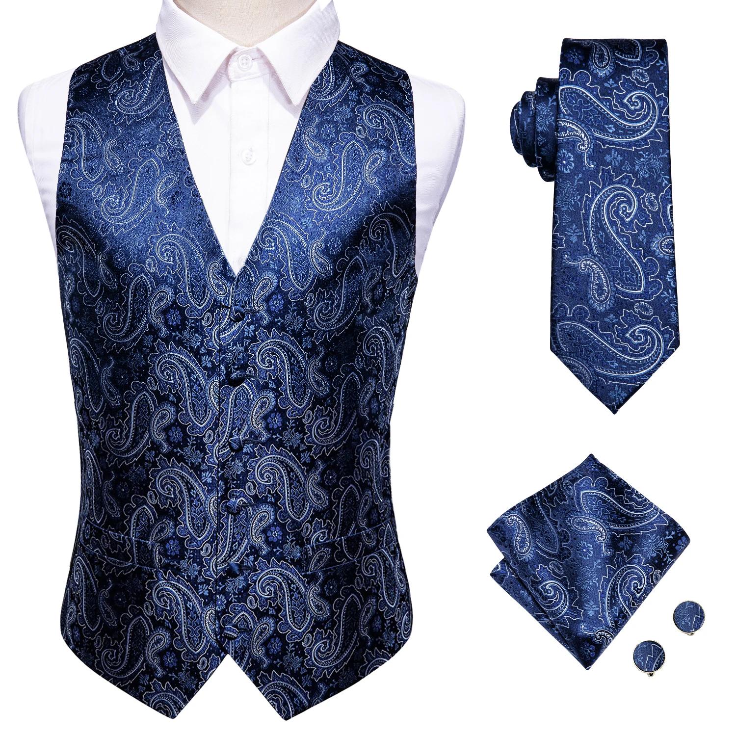 Hi-Tie Blue White Men Vests New Silk Paisley V-Neck Waistcoat Tie Hanky Cufflinks Brooch Set for Men Suit Wedding Party Designer