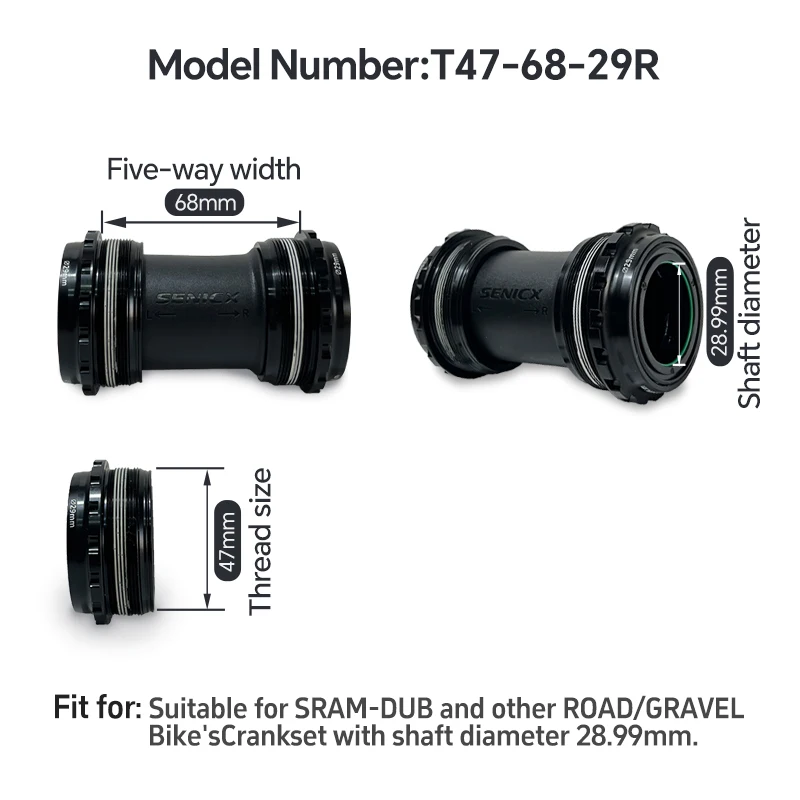 SENICX T47 Bottom Bracket DUB Thread Bicycle Steel Shaft 28.99mm Axis Road Bike Central Movement Seal Waterproof BB 68mm Width