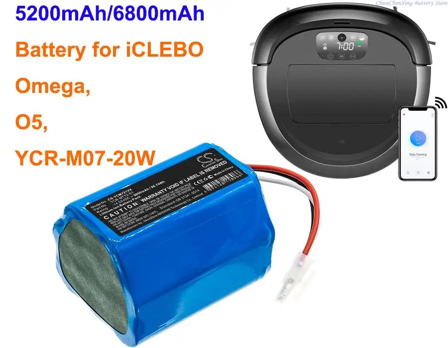 5200mAh/6800mAh battery YCR-MT12-S1, YCR-M07-20W for iCLEBO O5, Omega, YCR-M07-20W, 05, XIC013, For Miele Scout RX2 120, RX3 120