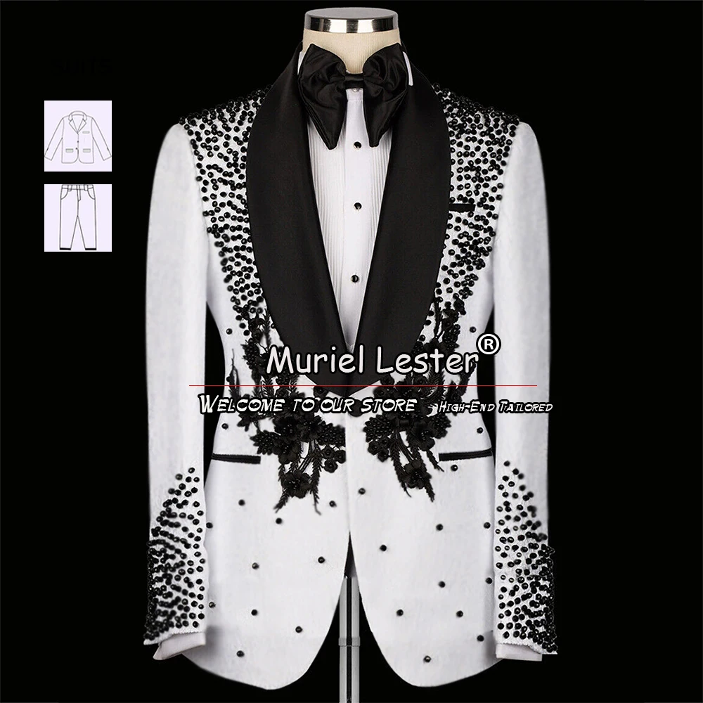 

Luxury Wedding Suits For Men Black Appliques Pearls Blazer Sets Custom Made 2 Pieces Peaked Lapel Jacket Pants Male Fashion Set