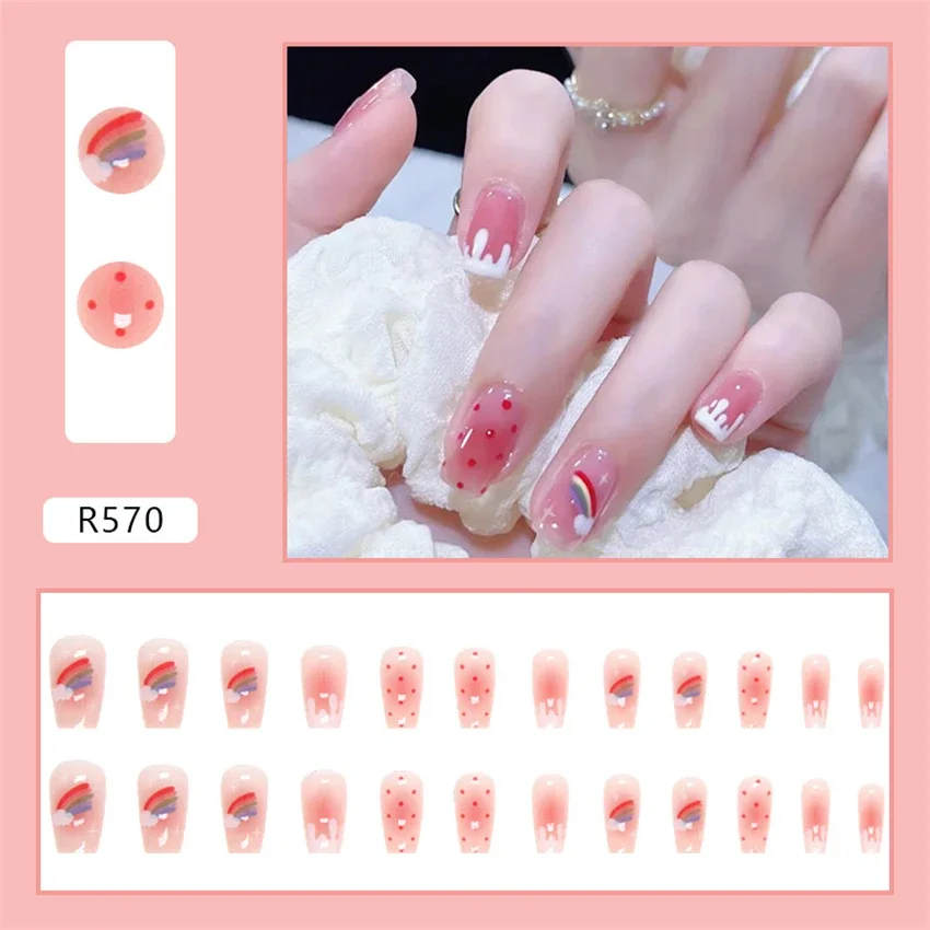 Unhas postiças curtas francesas, Unhas postiças removíveis, Prensa adesiva na arte do prego, Rosa colorido, Gelo, Transparente, Vestindo, 24pcs, Conjunto