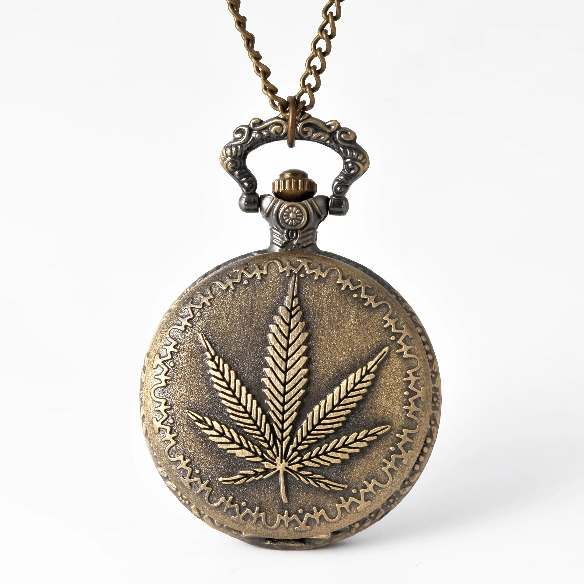 Retro Vintage Bronze Punk Leaf Design Pocket Watch with Necklace Chain Pendant Gift for Male Men Vintage Clock