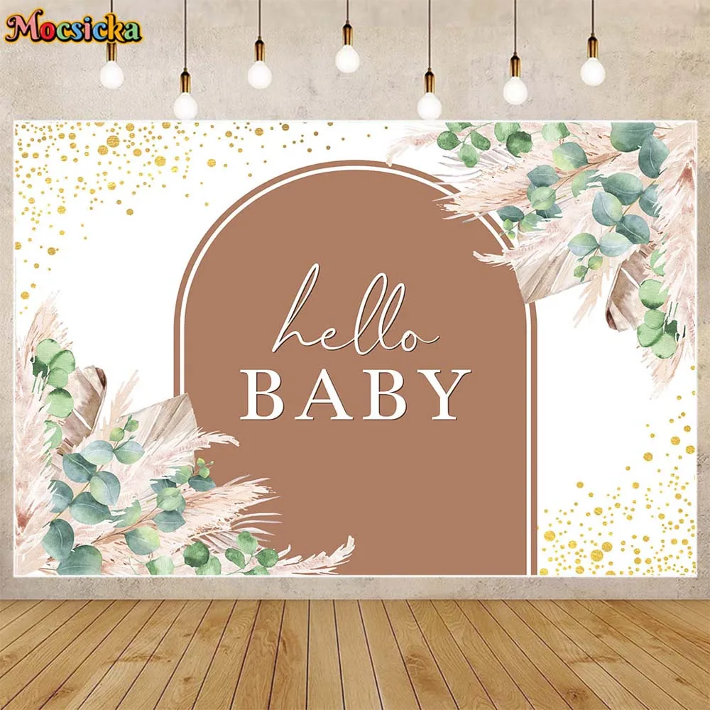 Mocsicka Boho Baby Shower Backdrop Green Leaves Pampas Grass Newborn Welcome Party Decor Hello Baby Photography Background Props