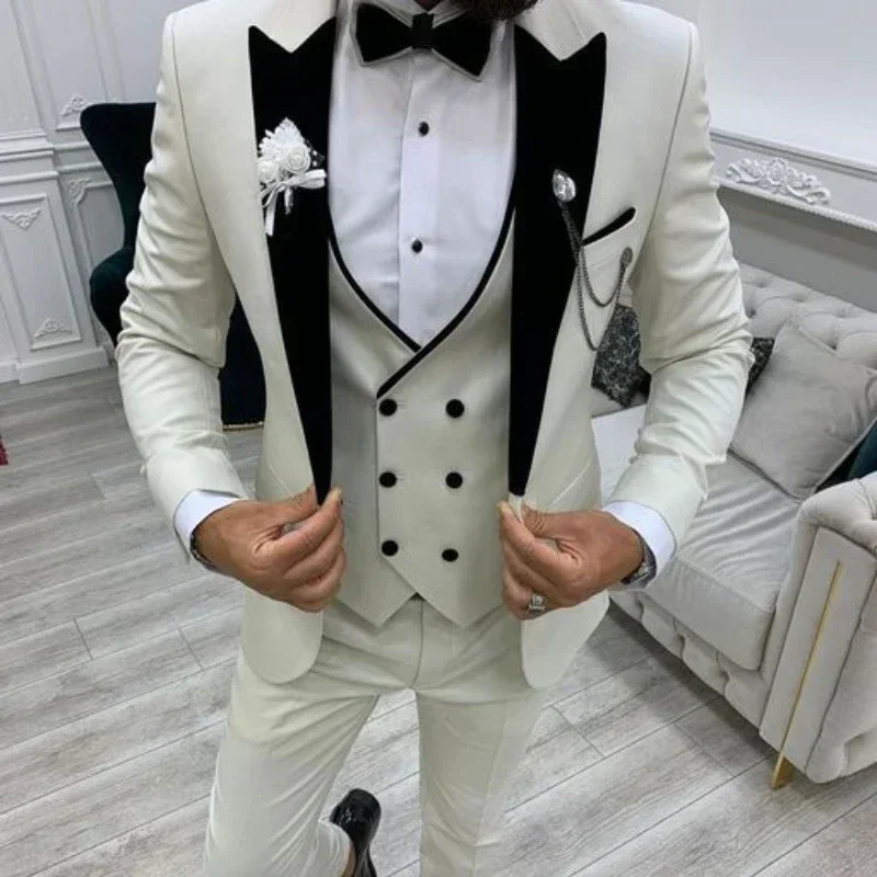 Slim Fit Suits For Men 3 Pcs Wedding Groom Tuxedo Peak Lapel Bridegroom Blazer With Double Breasted Vest Pants