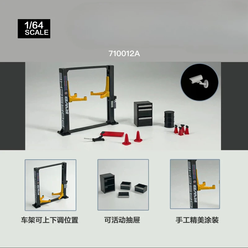 1:64 Scale  Garage Scene Featuring  Lifting Platform, Jack Toolkit for Toy Model Car Maintenance
