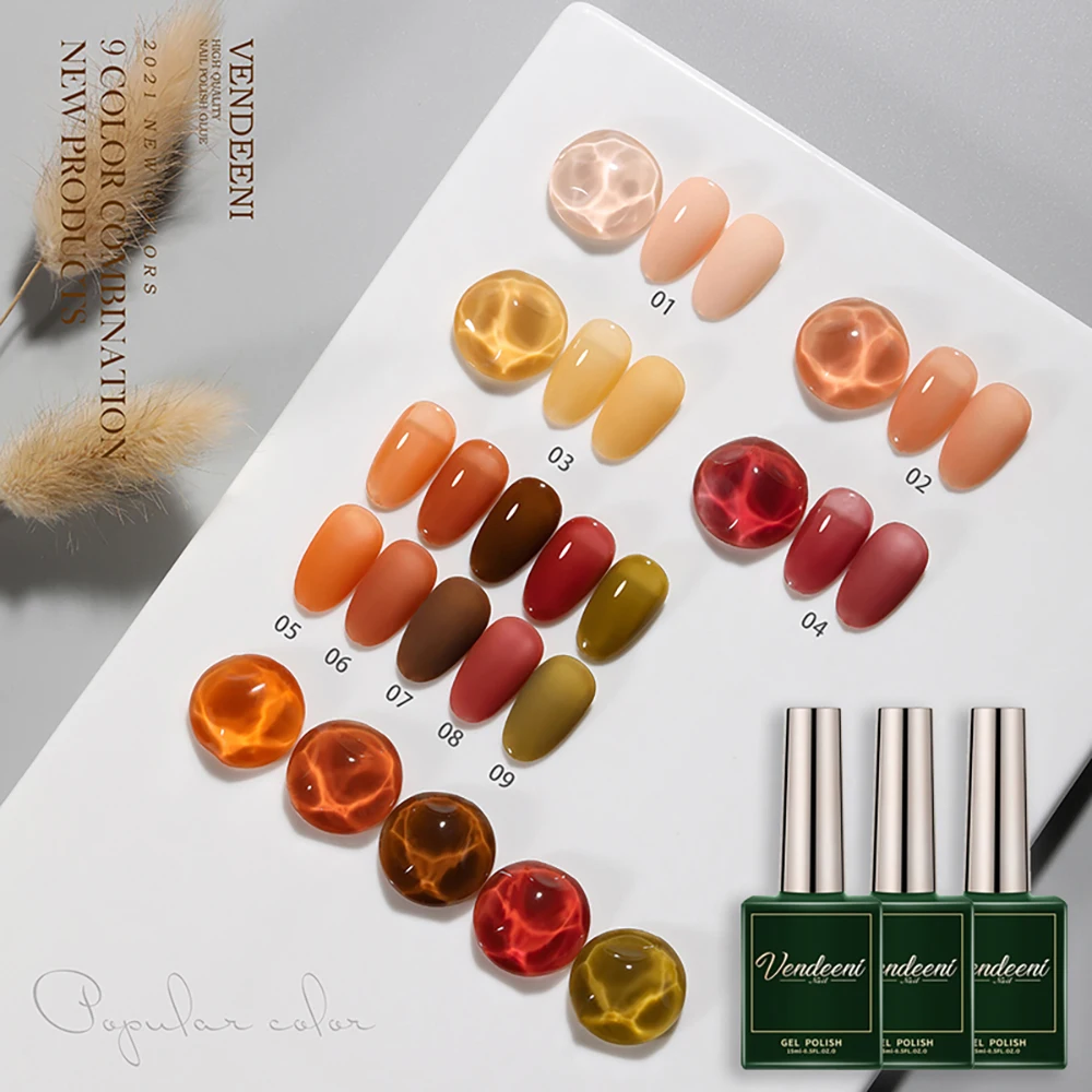 Vendeeni 15ml 9 Color/set Amber Color Gel Nail Polish Soak Off UV LED DIY Manicure Translucent Crystal Jelly Gel Lacquer Varnish