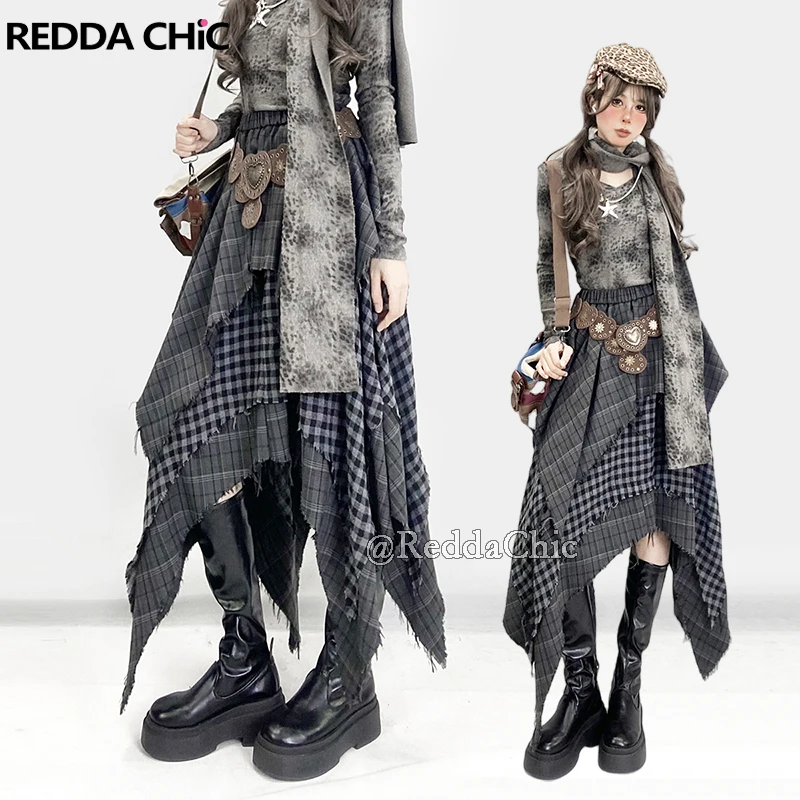 

REDDACHiC Big Size Asymmetrical Plaid Skirt Retro Punk Raw Edge Irregular Patchwork Elastic Waist Long Skirt Women Acubi Fashion