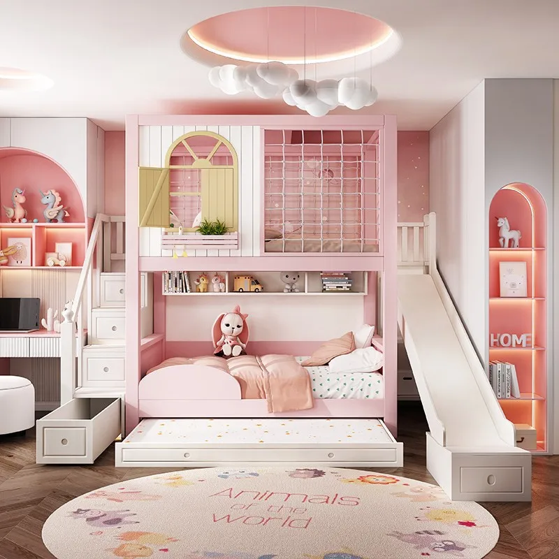 Children's furniture full solid wood two layers of wooden beds for girls double-decked high and low beds master and mother bed