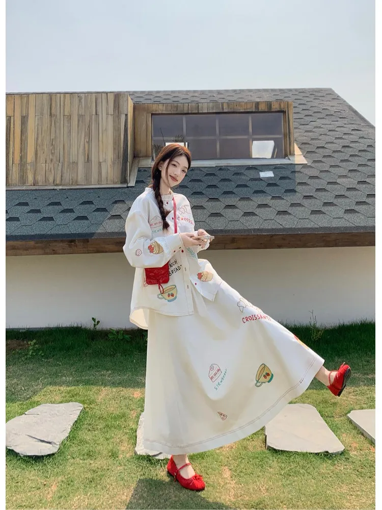 SALIENCY Retro Colorful Embroidery Skirt Set Female Summer 2025 Elegant Pring Stand Collar Shirt A-line Mid-length Skirt Outfit