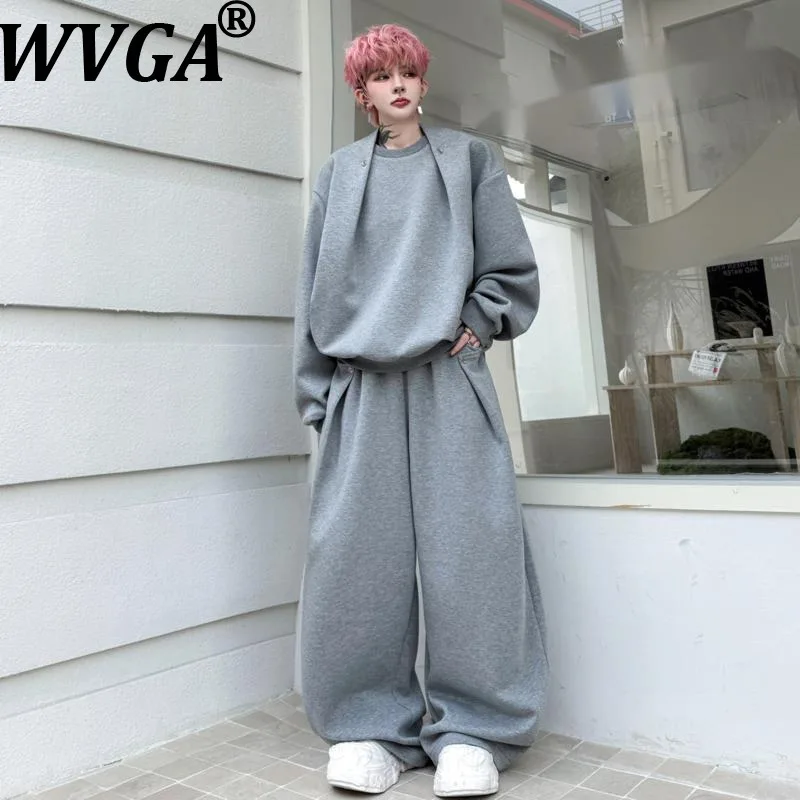WVGA 2026 Spring Autumn New Men Tide Solid Color O-Neck Trendy Sweatshirts Niche Chic Casual Wide-Leg Pants Two-Piece Set W18879