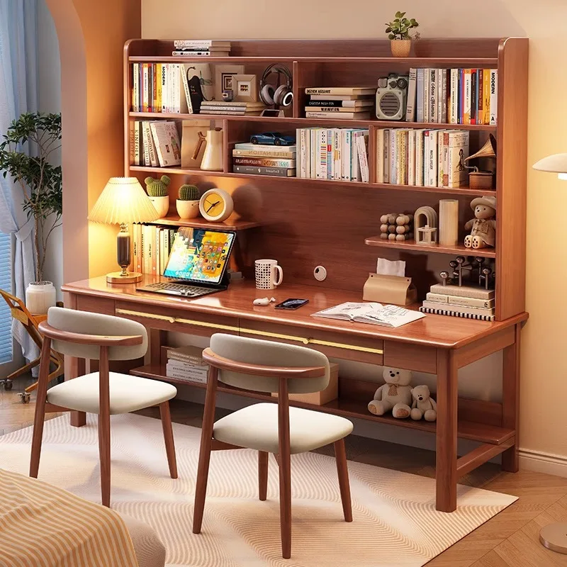 Real double bookshelf integrated table home study table writing side by side against the wall computer desk