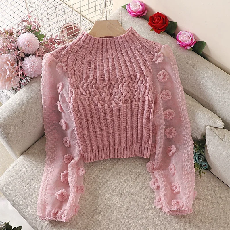 Women\'s Tight Sweater T-shirt Puff Sleeve Mesh Stitching Crew Neck Slim Tops Knitted Warm Pullover