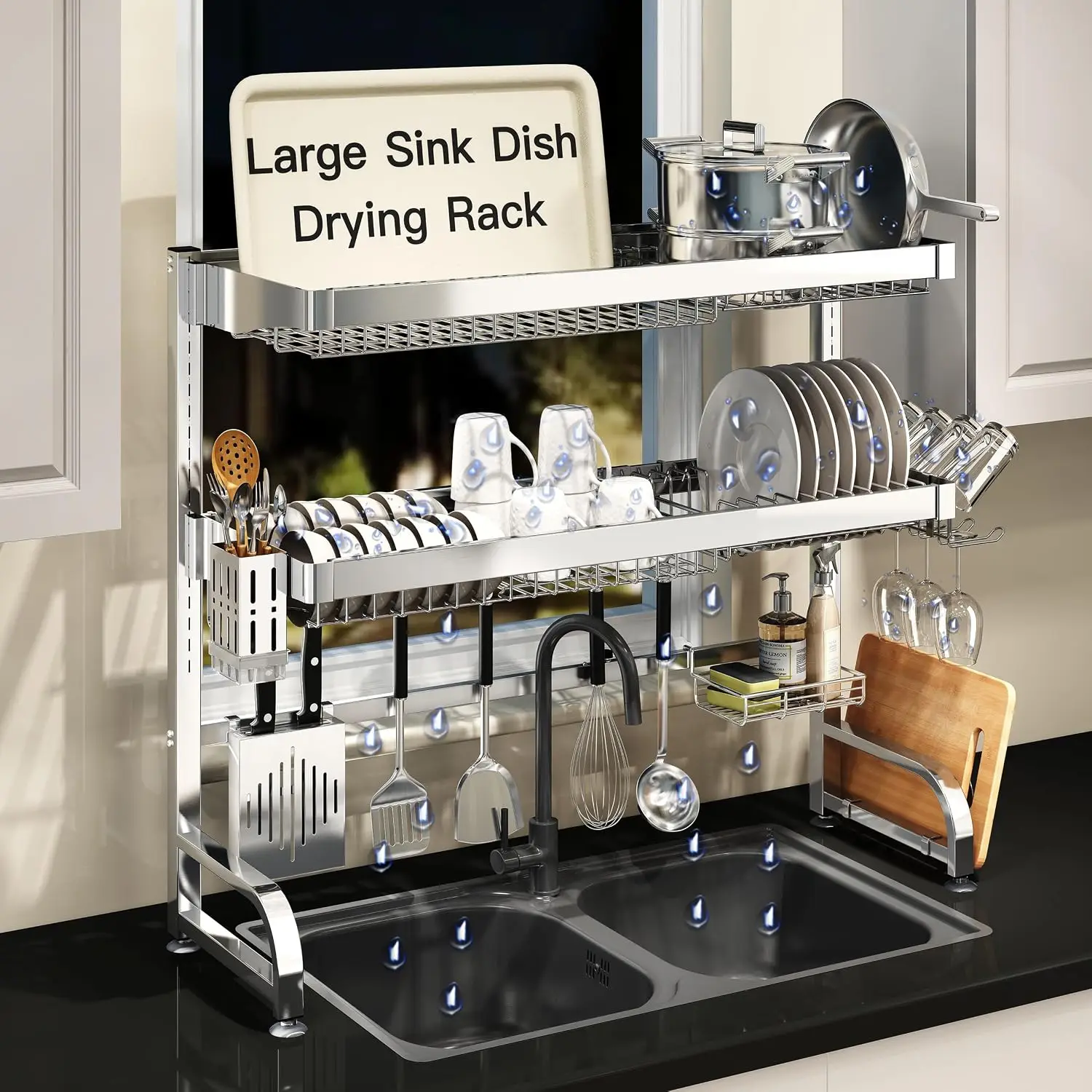 MAJALiS 3 Tier Extra Large Stainless Steel Over The Sink Dish Drying Rack | Rust Proof Metal, Expandable Kitchen Sink Drainer, C