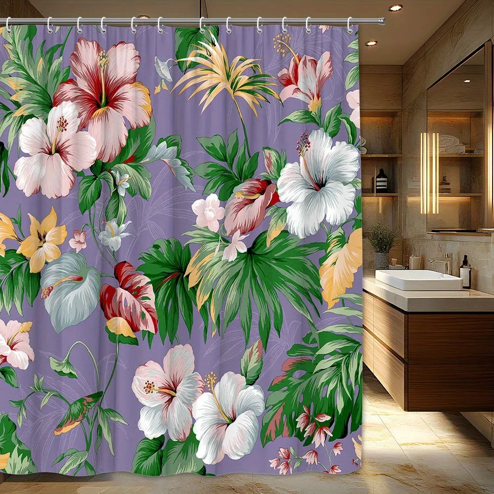 

1 шт. очень большая занавеска для душа с цветочным принтом гибискуса - тропический декор для ванной комнаты с розовыми, красными, белыми, желтыми цветами на лавандовой спине