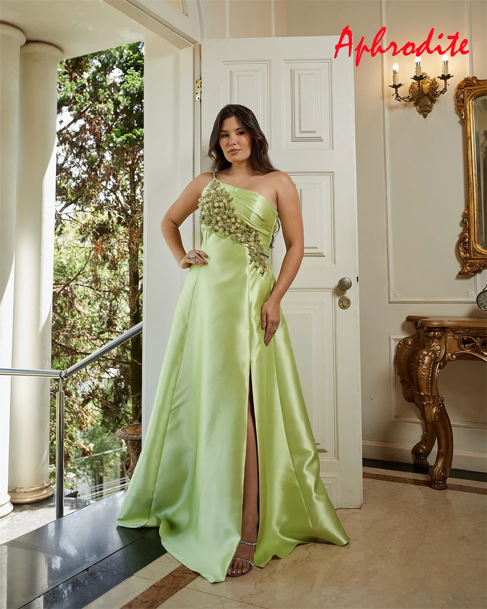 Customized Delicate Green Satin Evening Dress Exquisite One Shoulder Spaghetti Straps Sleeveless Party Dress Soft Cel