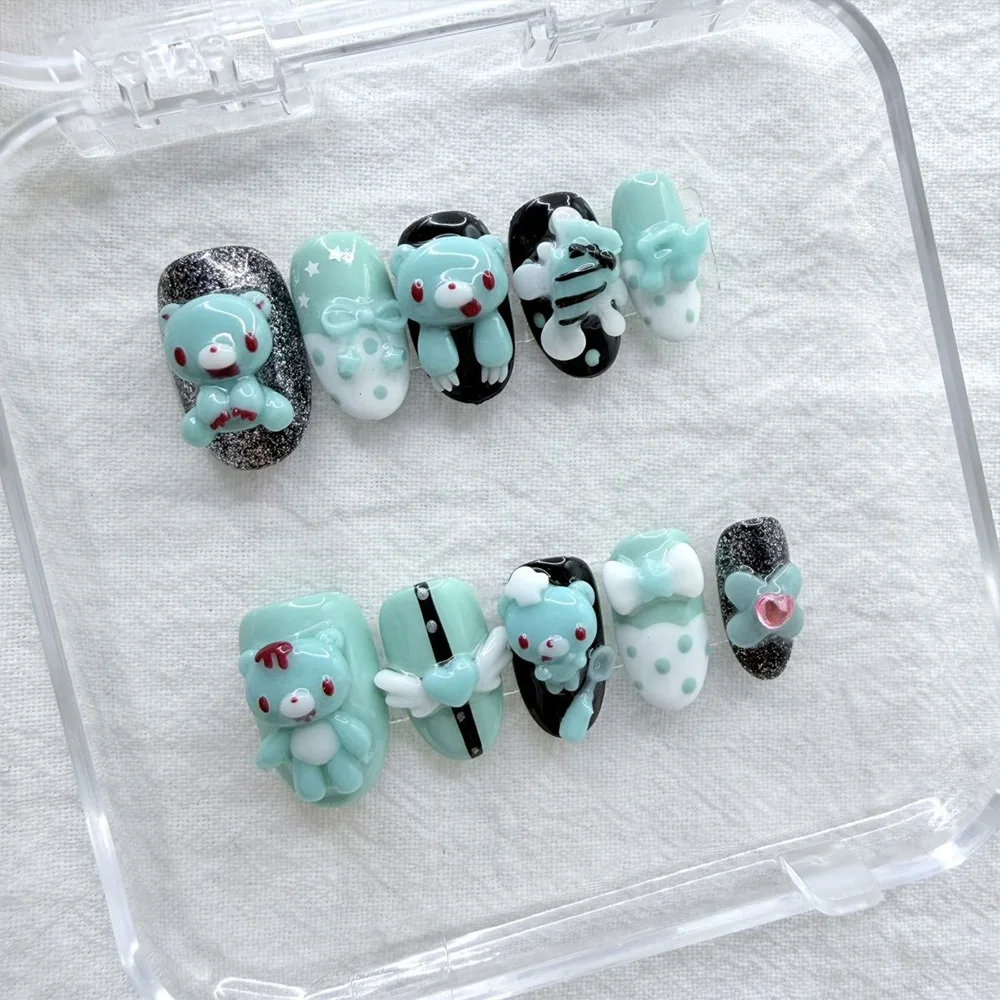 Cartoon Niedlicher Rosa Hase Dessert Liebesbär Ellipsen-Nagelkunst 3D Stern Schmetterling Knoten Flügel Punkt-Muster Künstliche Nägel Geburtstagsgeschenk – Detail 2