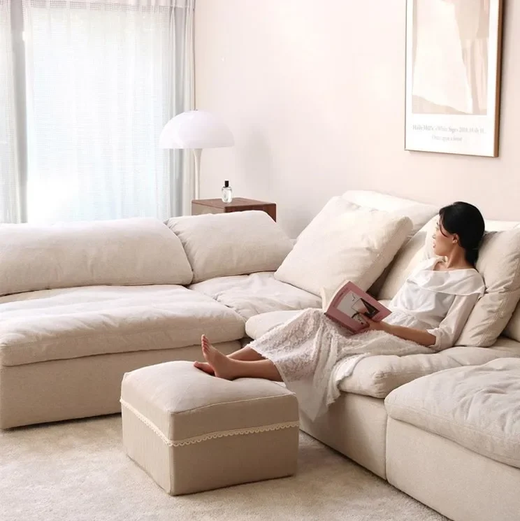 Modern Home Living Room Sofa Set Furniture White Linen Feather Cream Beige Fabric l Shaped Corner Modular Couches Sectional Sofa