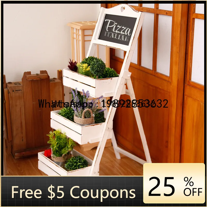 

G1 Vintage Solid Wood Three-Layer Folding Flower Stand Restaurant Window Country Style Ladder Balcony Green Plant Ornament