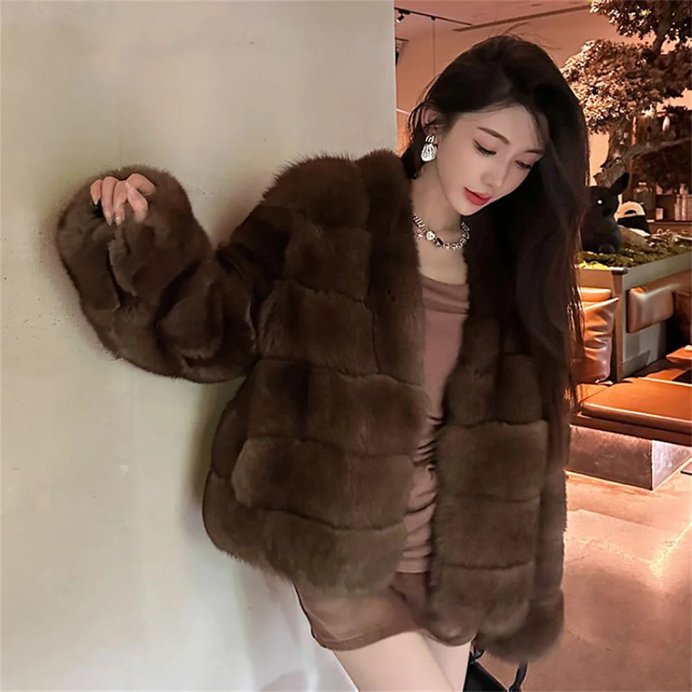 여성 인조 모피 코트 따뜻하고 폭신한 루즈핏 긴팔 라운드넥 여성 재킷 겨울옷 여성 패션 하이 스트릿 여성 아우터