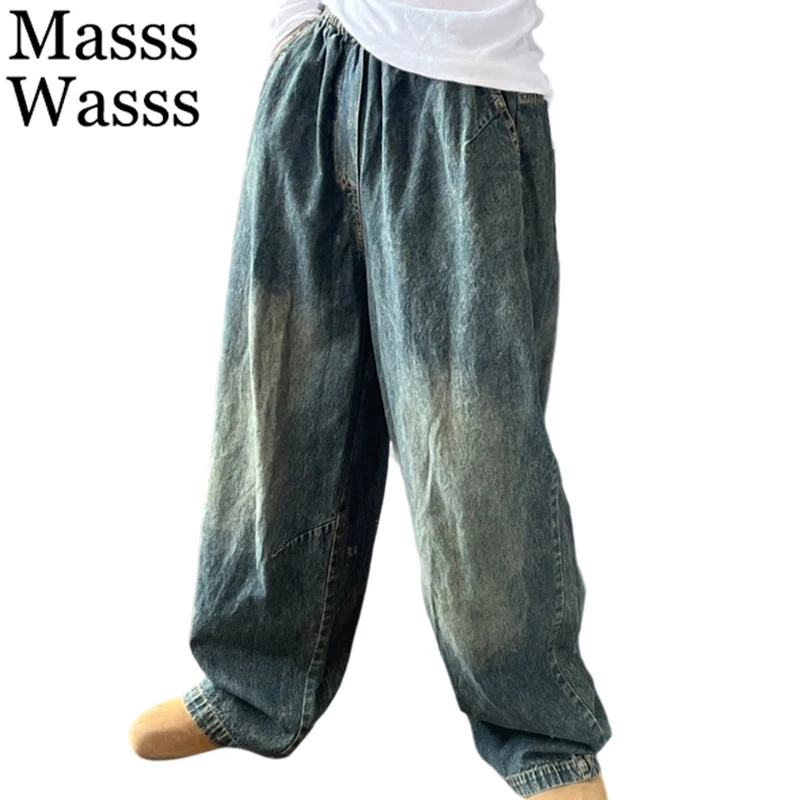 

Masss Wasss Korean 2025 Fall Women Vintage Loose Casual Denim Pants Ladies Classic Elastic Waist Jeans Elegant Wide Leg Trousers