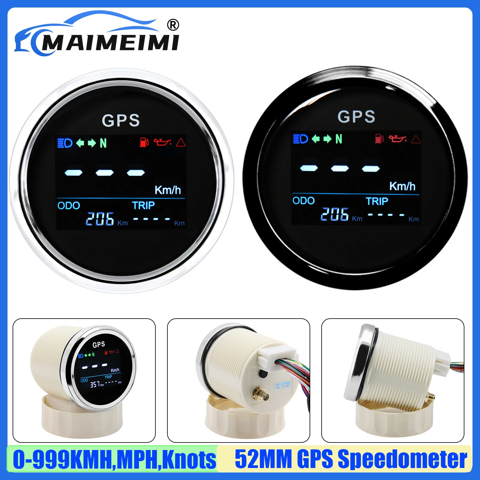 

Цифровой GPS-спидометр MAIMEIMI 52 мм с антенной, 0-999 км/ч, мили/ч, узлов/мин, с функциями измерения скорости, пробега, поворотов, ODO, TRIP, уровня топлива и сигнализации