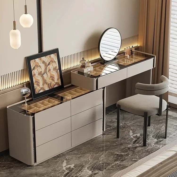 Modern Vanity Desk Dressing Vanity Table with Smart LED Mirror Luxury Makeup Set Includes Expandable Side Cabinet with 6 Drawer