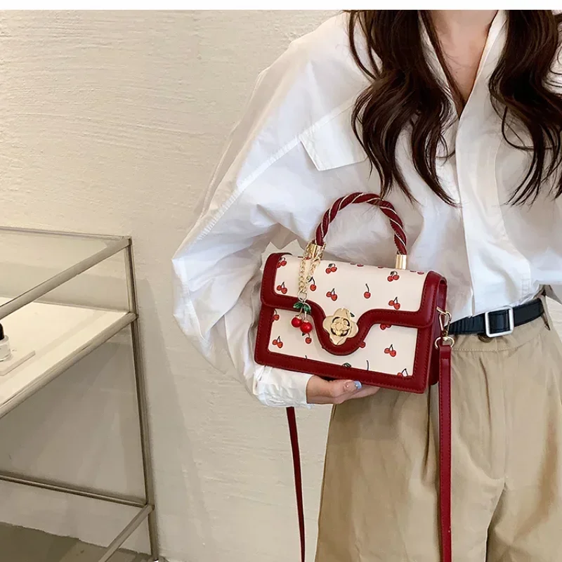 Sweet Cherry Square Chains Crossbody Bags for Woman Luxury Designer Brand  New Female Black Green Yellow Fruit Printing HandBag