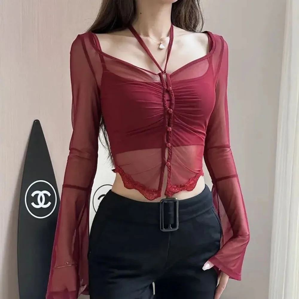 Woman Slim Casual Blouse Office Lady Sexy Y2k Crop Tops Korean Fashion Clothing Chic Red Basic 2 Piece Set Female Casual Tees