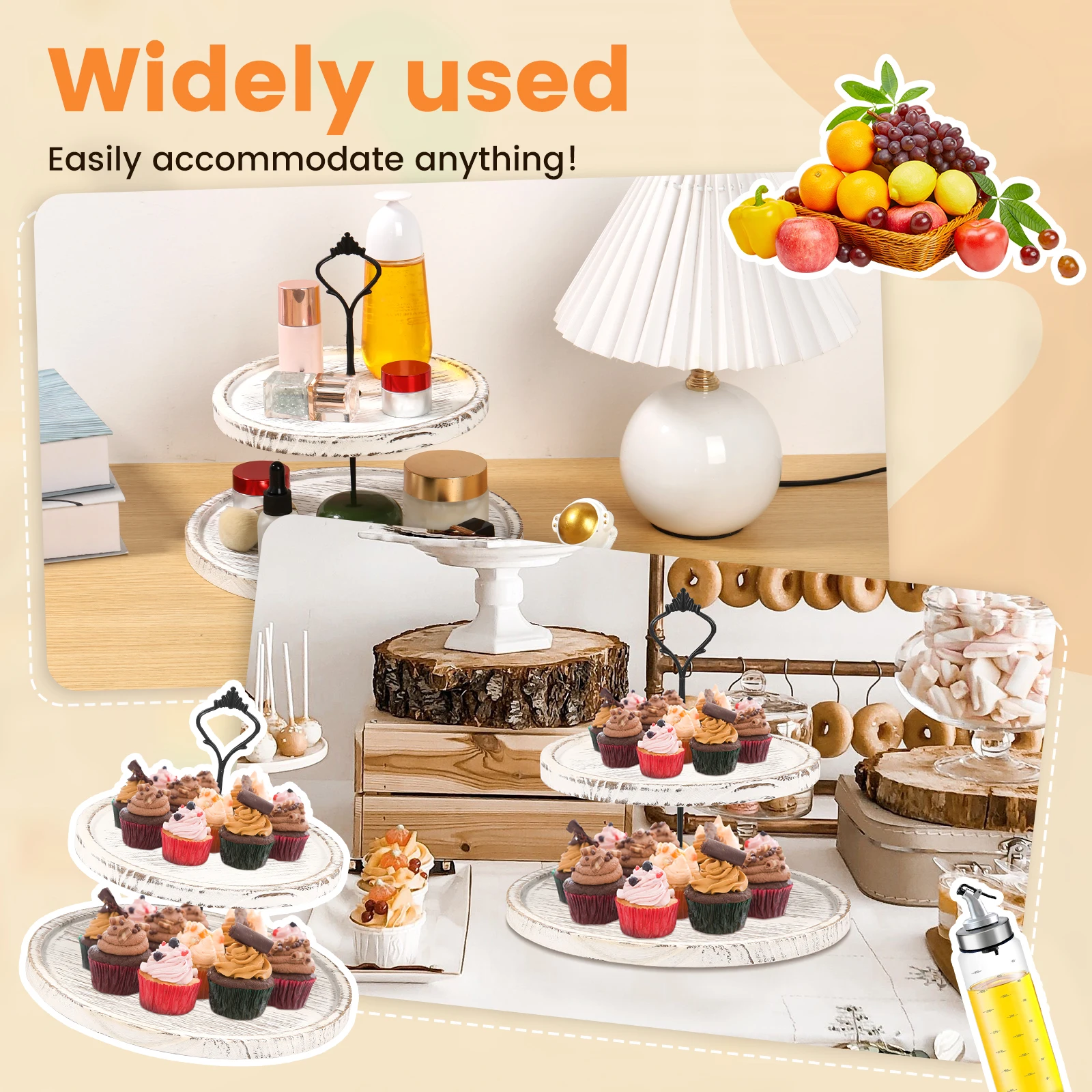 Wooden 2 Tiered Tray Round Farmhouse Kitchen Table Decor Serving Tier Tray Food Fruits Cupcake Display Coffee Bar Home Party