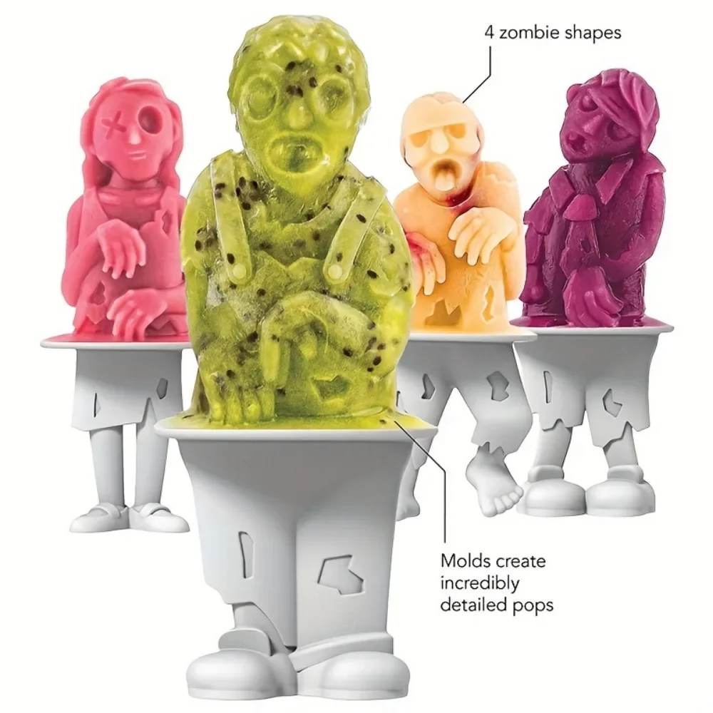 Summer Zombie Popsicle Mold Snow Monster Halloween 4-komorowy Horror wielokrotnego użytku Silikonowa forma do lodów na patyku Przybory kuchenne DIY