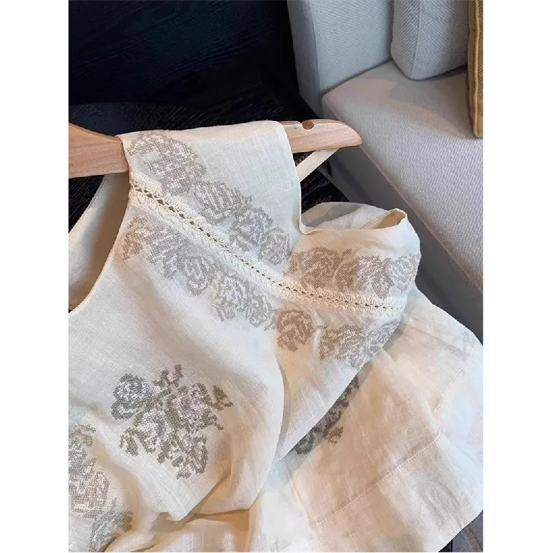 Retro Artystyczna Bawełniana Lniana Haftowana Okrągła Kamizelka Bez Rękawów Ele irt Damska Letnia Cienka Regularna Długość Jednolity Kolor