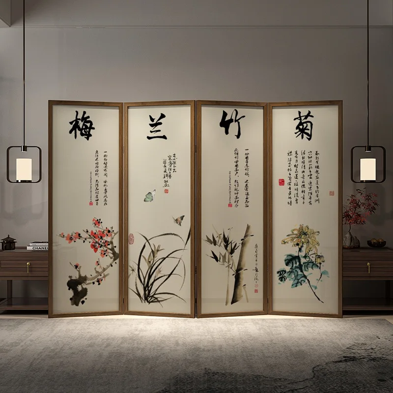 New Chinese style Meilan bamboo chrysanthemum screen partition living room tea room mobile folding entrance
