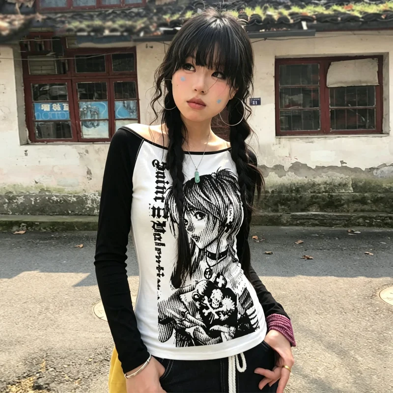 European and American cross border Ins Style Autumn Punk Anime Print Slash Neck Long Sleeve T Shirt Women Slim Casual Top