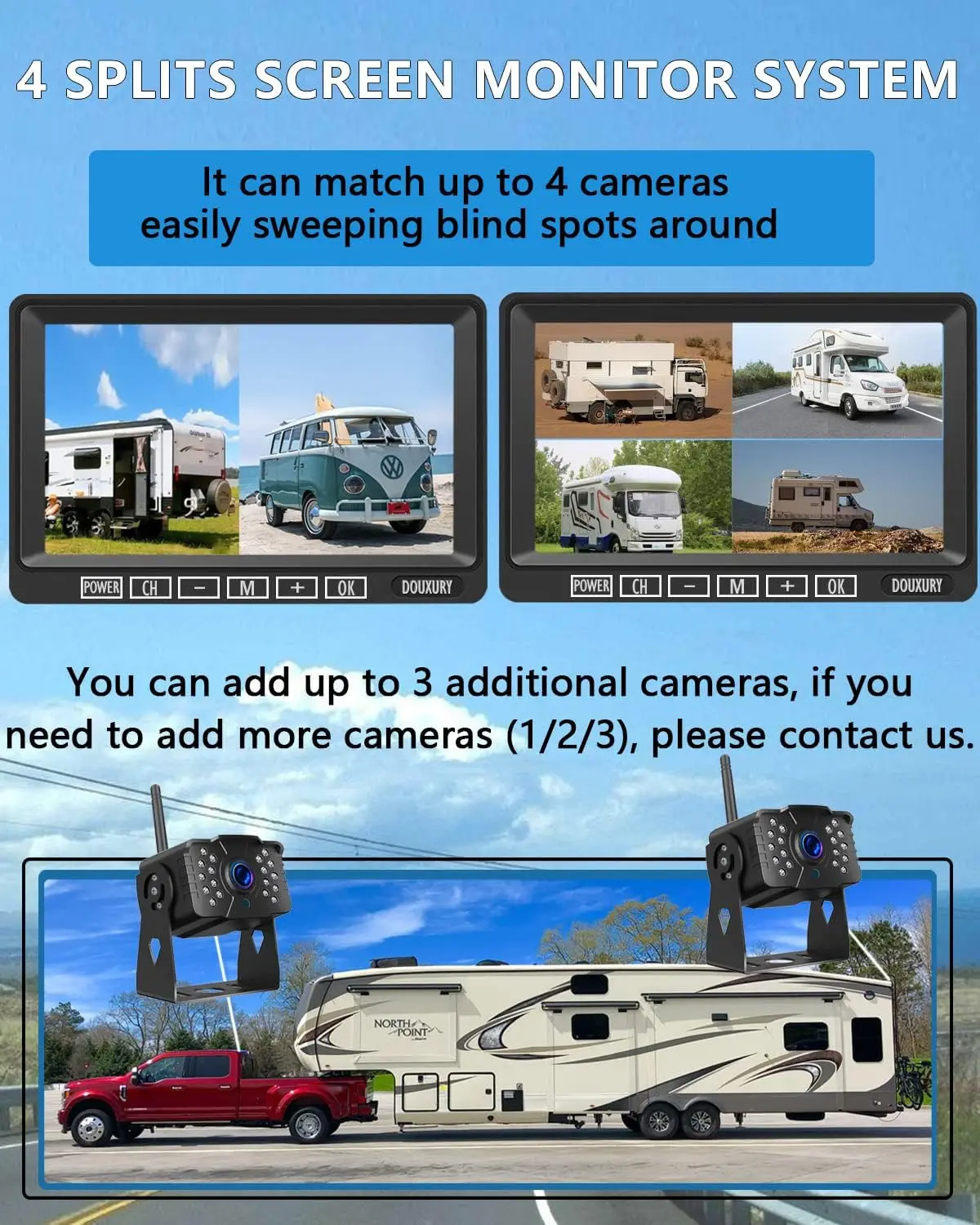 2x Wireless Backup Camera Night Vision Waterproof 7 Inch DVR Monitor Split Screen 12-24V For Truck Bus Rv Caravan Trailer