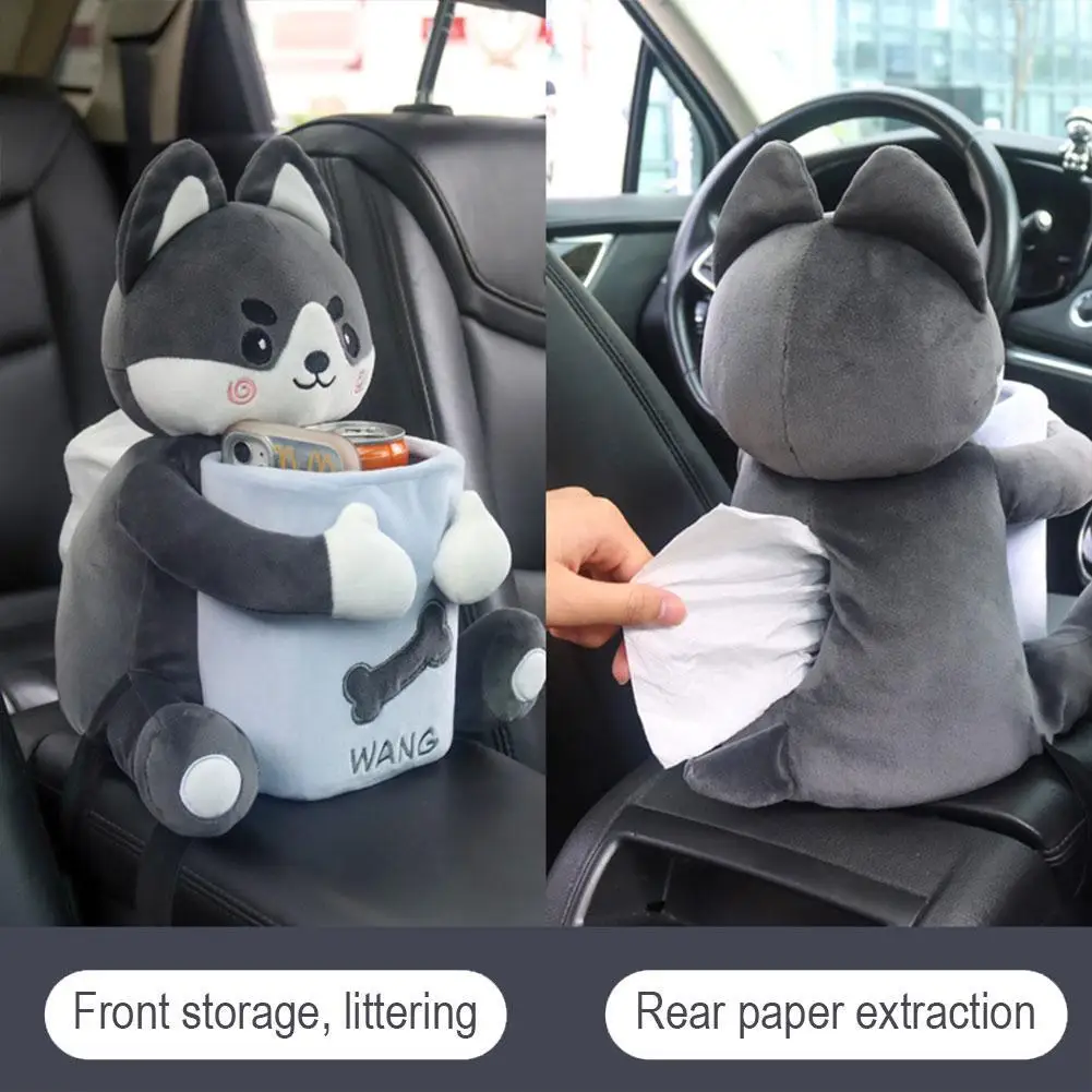 2 In 1 Car Mounted Tissue Box Cartoon Plush Doll Auto Armrest Box Hanging Paper Drawer Storage Car Trash Can And Tissue Holder