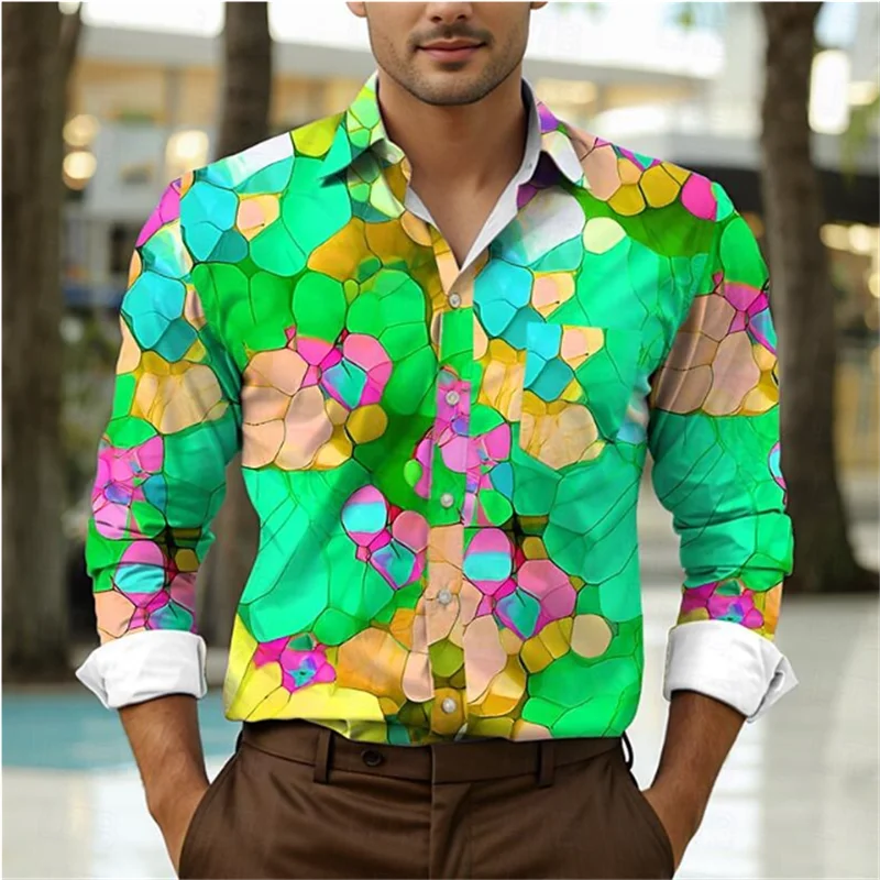 

2024 Men's Color Printed Fashion Shirt Party Men's Long Sleeve Button Collar Slimming Elegant Men's Shirt Resort Style