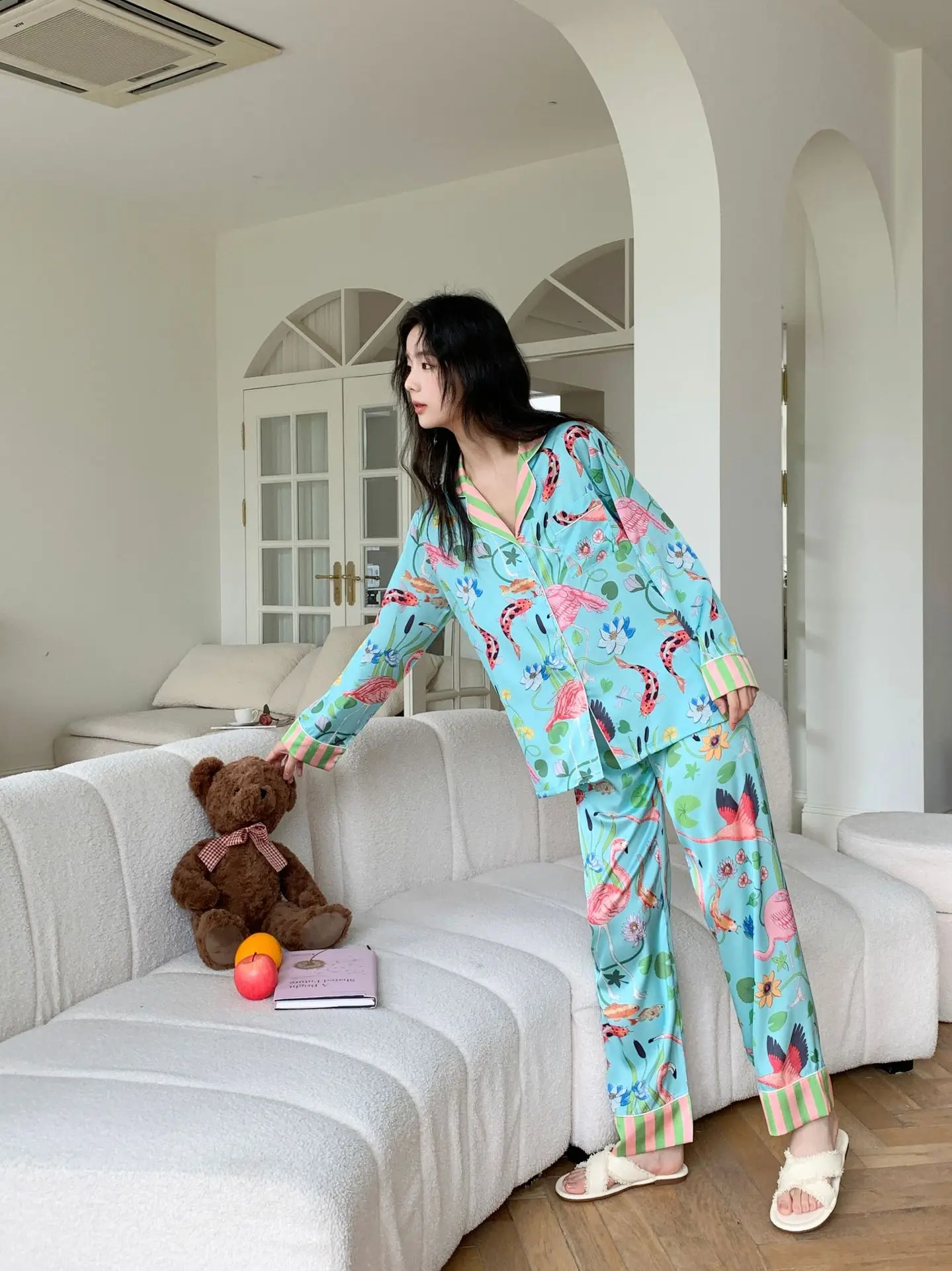 Satin Women Pajamas Silk Printing Lapel Button Shirt With Trousers Pajama Set Pyjama Sleepwear Pijama Loungewear Soft Nightwear