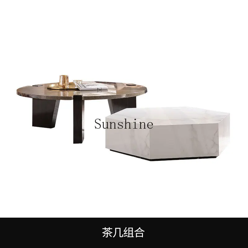 Rock slab coffee table, square and circular, living room, color blocked, high-low combination coffee table