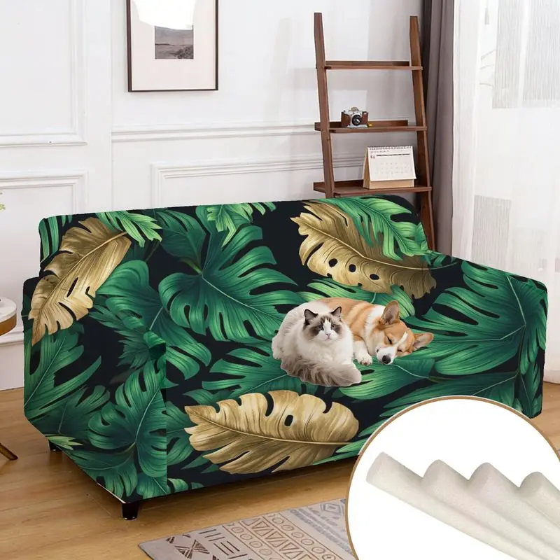 

Sofa cover Tropical green leaf gold leaf pattern integrated sofa cover Elastic furniture protective cover