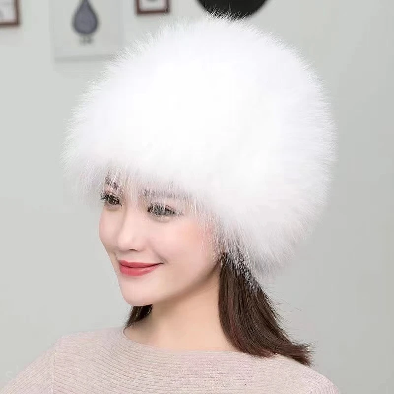 Chapéu de pele de coelho branco real para mulheres, gorro quente feminino, cachecol, inverno