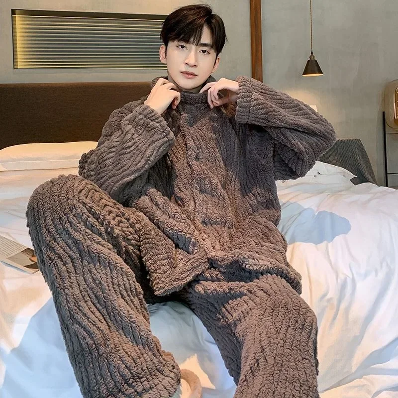 Men's Sleepwear Autumn and Winter Coralline Thickened Homewear Winter Men's Flannel Cardigan Turtleneck Warm Suit Pajama Sets