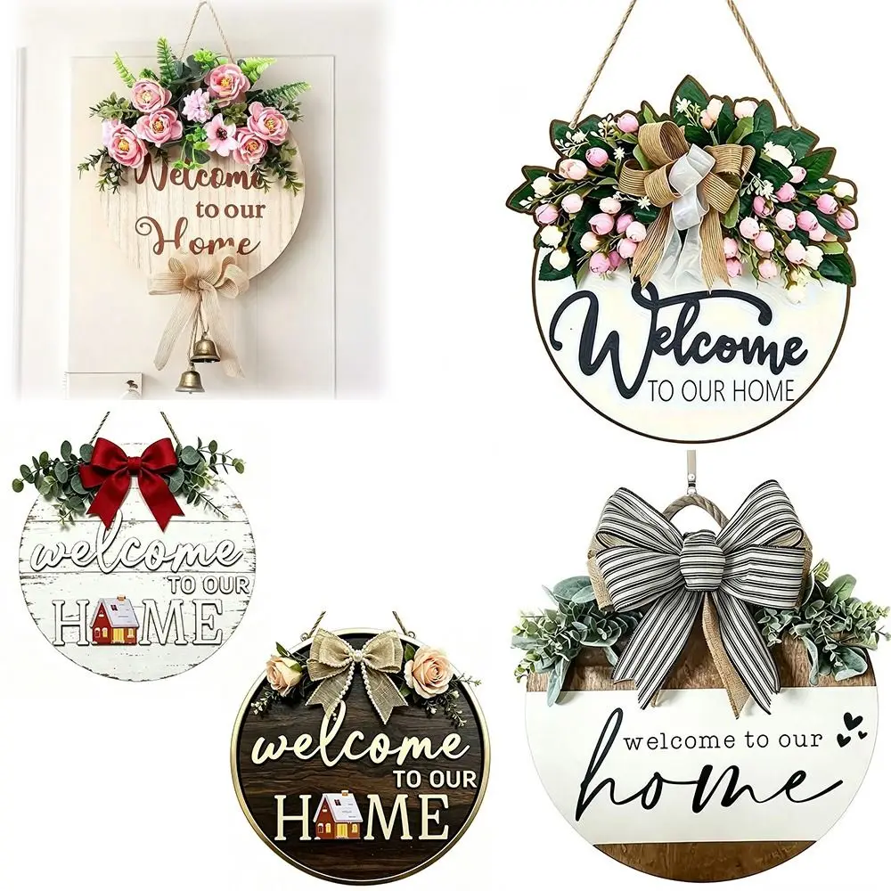Durable 2D Flat Wooden Door Sign Solid Wood Floral Pattern Wooden Welcome Sign Bow Pattern Hanging Plaque Spring Summer Decor