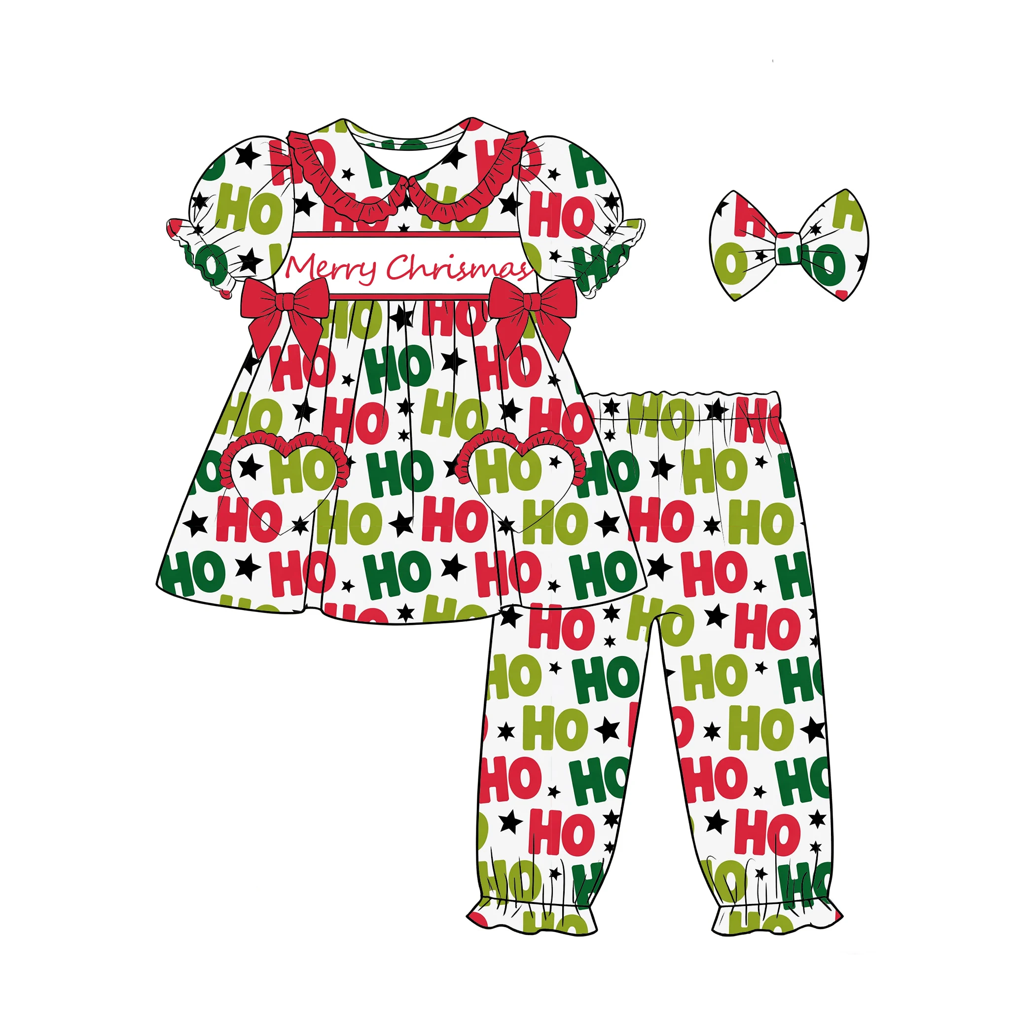 Boutique Boys Girls Set Bow Decoration Colorful Lights and Merry Christmas Print Ensemble Comfortable Set Custom