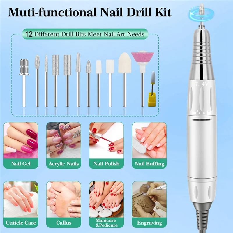Taladro de uñas con pantalla LCD de A74G-HD, herramienta de manicura eléctrica recargable de 45000RPM para esmalte de uñas en Gel, poco ruido