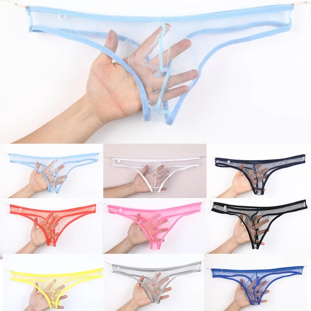 Men See Through Pouch Thong Underwear Sexy Low Waist Fine Mesh Breathable Underpant Large Size Panties