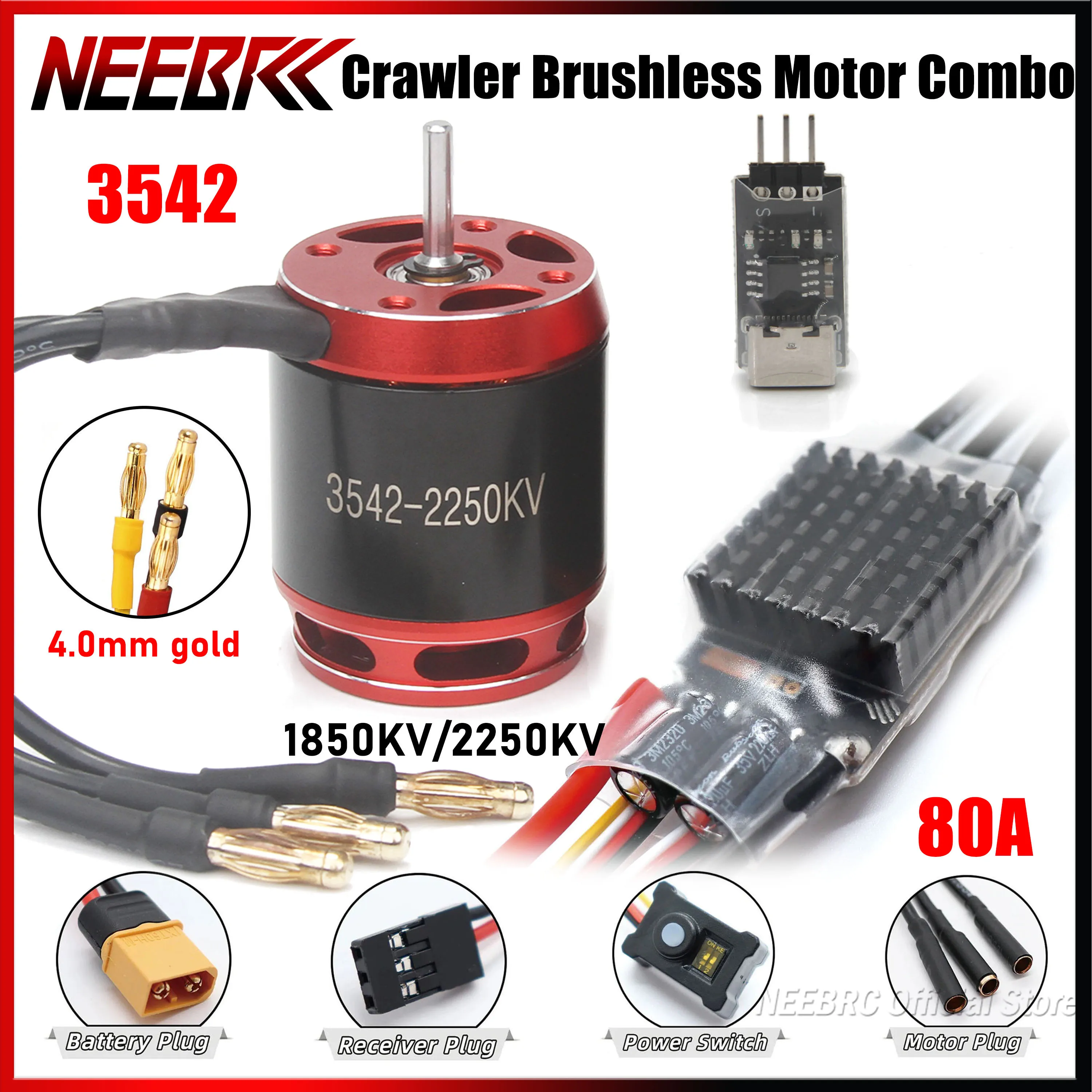 

NEEBRC AM32 Programming 80A ESC BEC 3542 Outrunner Brushless Motor 1850/2250KV for RC Crawler Car Axial Traxxas SCX10 TRX4 TRX6