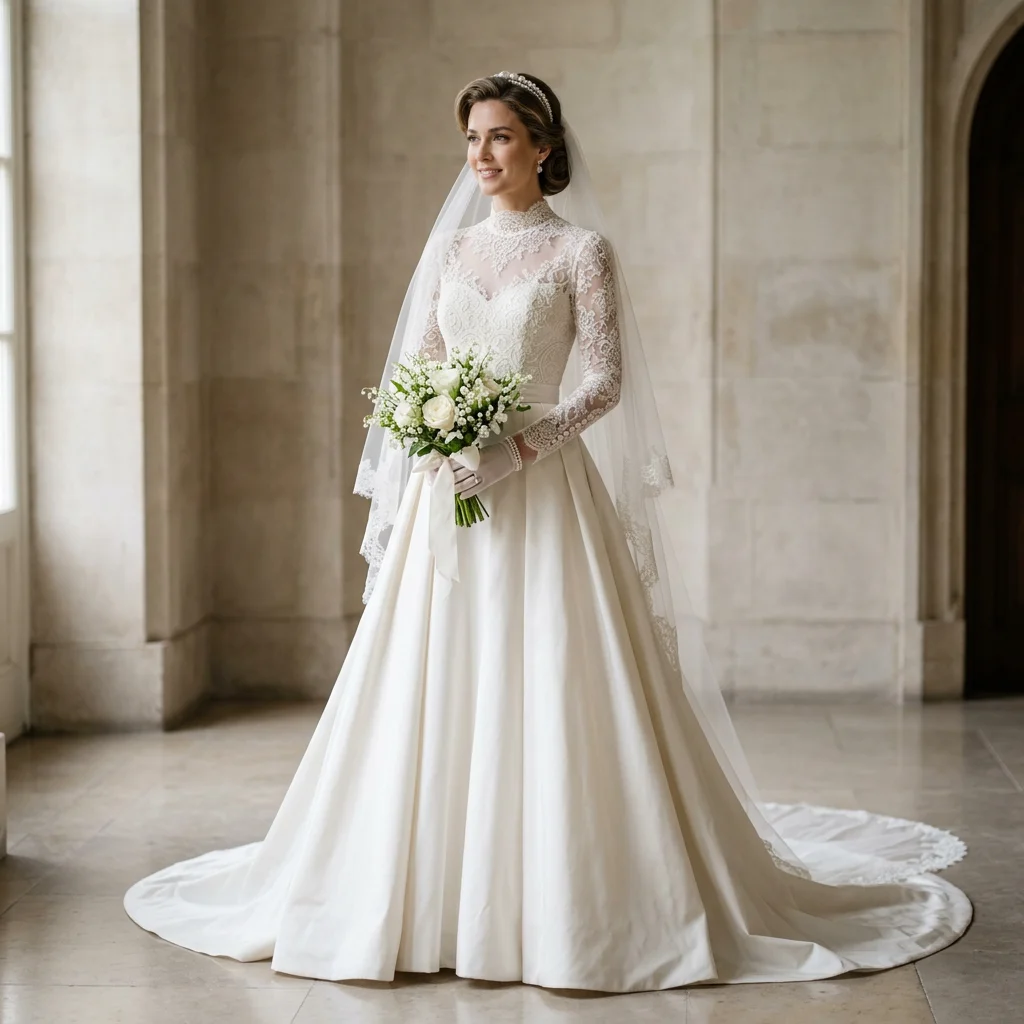 High Neck Long Lace Sleeve Satin Ball Gown Wedding Dress Modest Lace Illusion Top Chapel Train Royal Bridal Gown