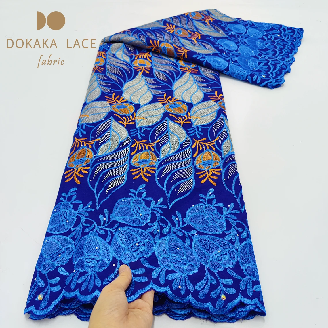 100% Cotton Lace Punch Embroidery Stones Blue Colour Material 2023 New Arrival Nigerian French Women Evening Gown Dress Material