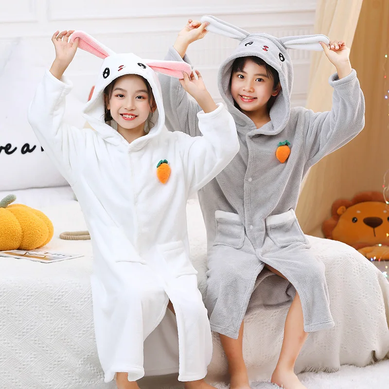 Winter Thick Robe For Children Cute Cartoon Hooded Long Robe Boy And Girl Home Wear Sleepwear Kawaii Flannel Warm Comfy Bathrobe